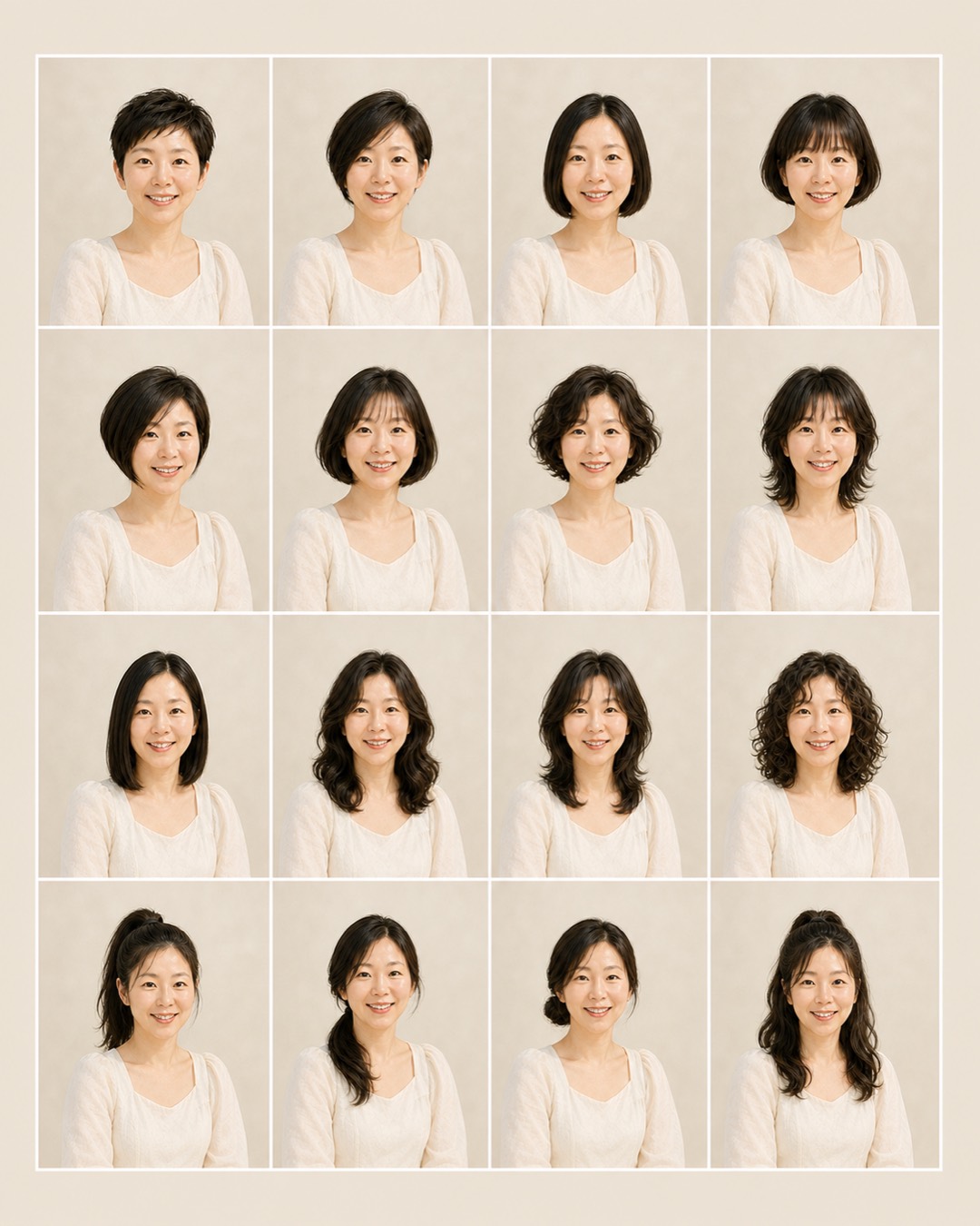 헤어스타일 4×4 비교 이미지 예시 — 16가지 헤어스타일