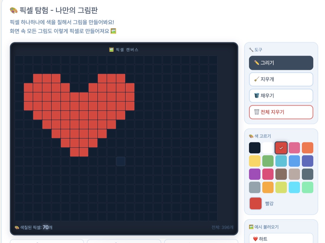 픽셀 캔버스 화면 — 칸을 색칠해 완성한 그림과 색칠된 픽셀 수