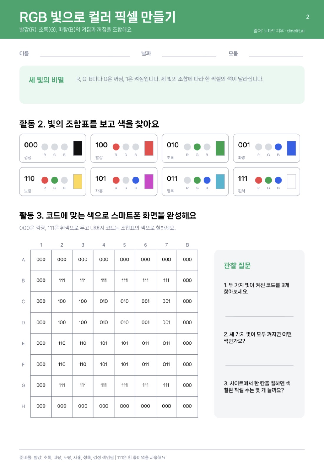 활동지 2쪽 — RGB 빛으로 컬러 픽셀 만들기