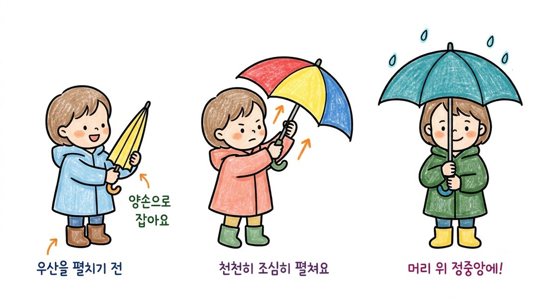 컬러 일러스트 스타일 예시 — 우산 펴는 아이