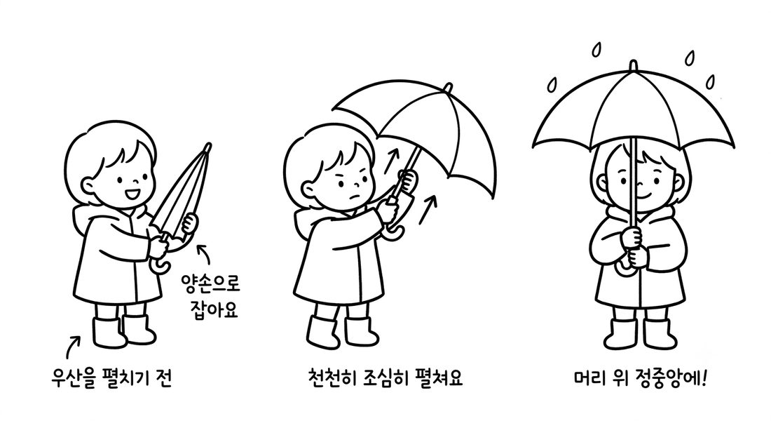 흑백 선화 스타일 예시 — 우산 펴는 아이 색칠도안